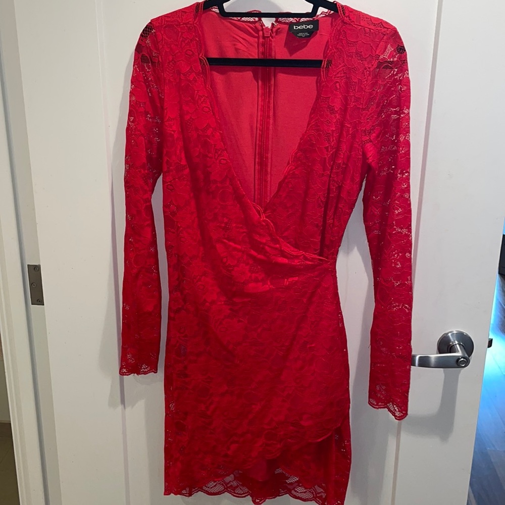 Red Longsleeve Lace Bebe Bodycon Dress Size S